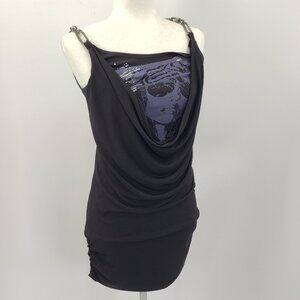 Vtg Y2K Urban Rose Mini Dress Sz S Black Layered Front Model Graphic Chain Strap